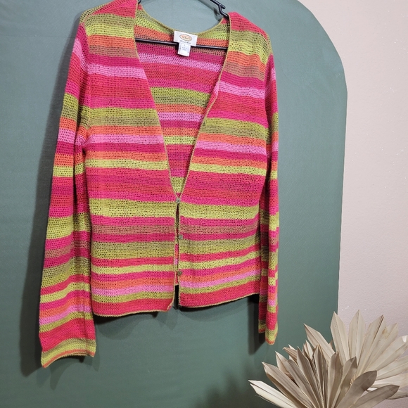 Vintage Sweaters - VINTAGE Y2K Size L Hand-Knit Striped Cardigan Sweater